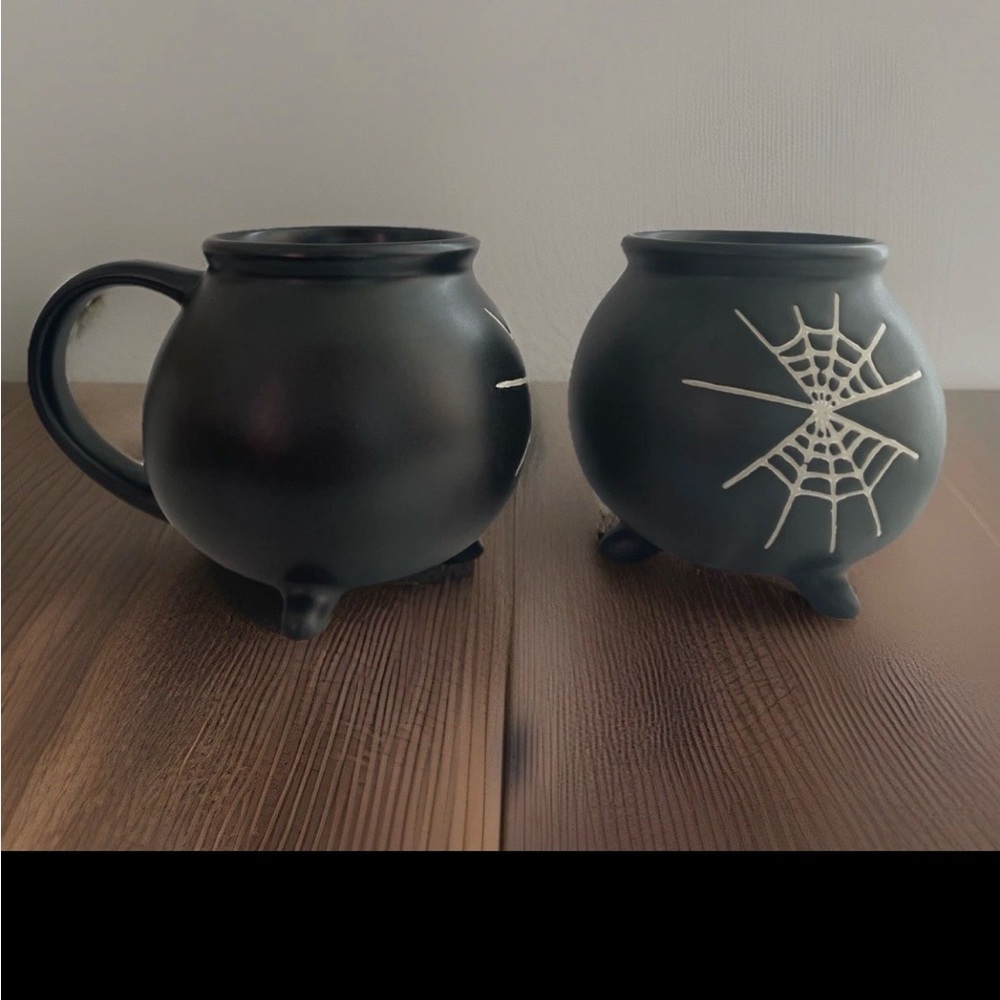 Black Cauldron Mug Set with Spider Web Design